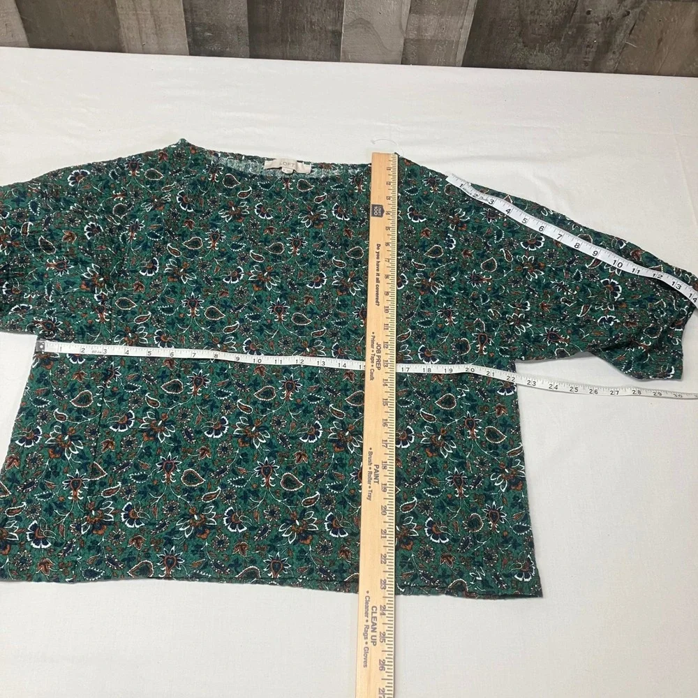 LOFT Women XL Green Floral Paisley Puff Sleeve Boat Neck Blouse Texture Top NWOT